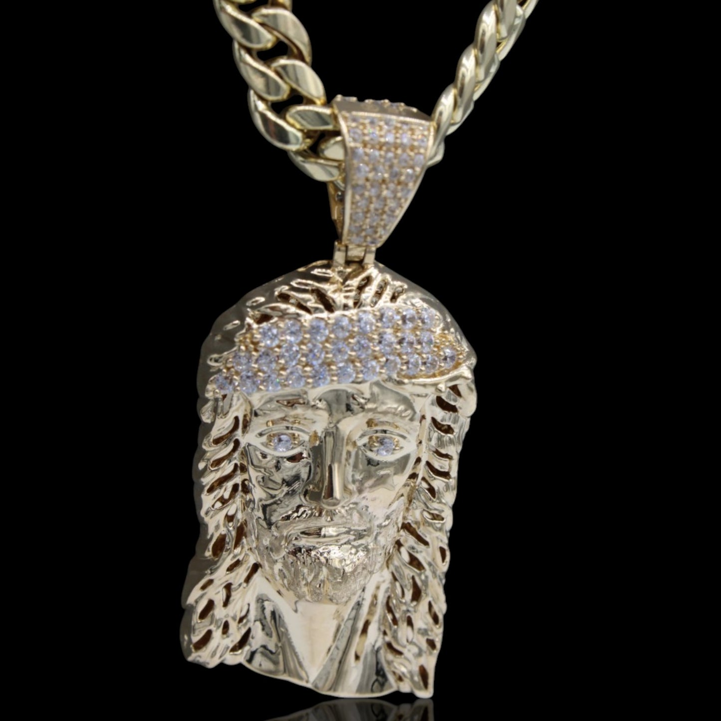 14k Jesus Face Pendant / Hollow Cuban Chain / AD