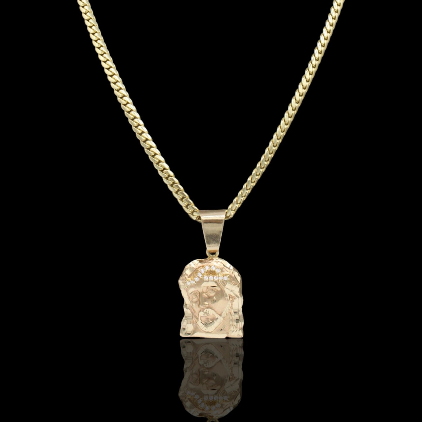 14k Jesus Face Pendant / Cuban Miami Solid Chain / AD