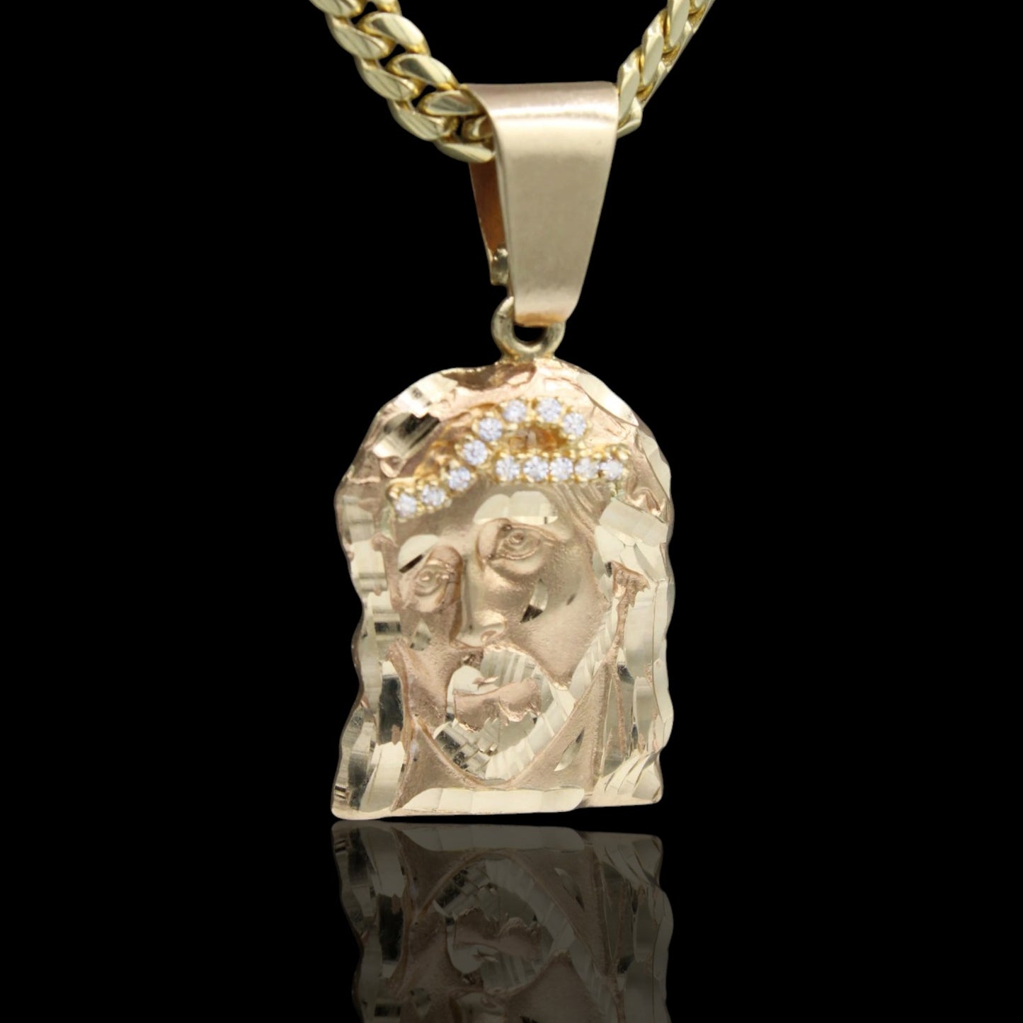 14k Jesus Face Pendant / Cuban Miami Solid Chain / AD